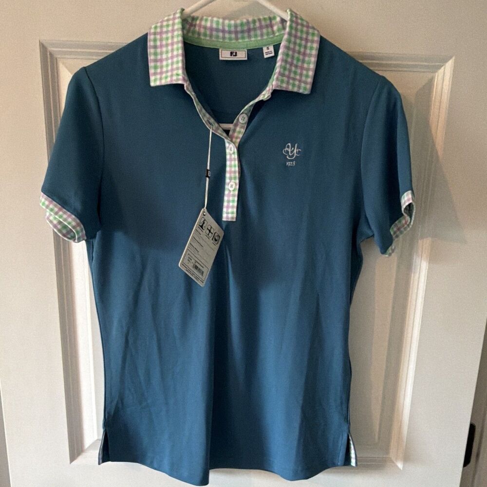 FOOTJOY Gingham Trim Short Sleeve Golf Polo Teal Blue Green Womens S NWT 28194